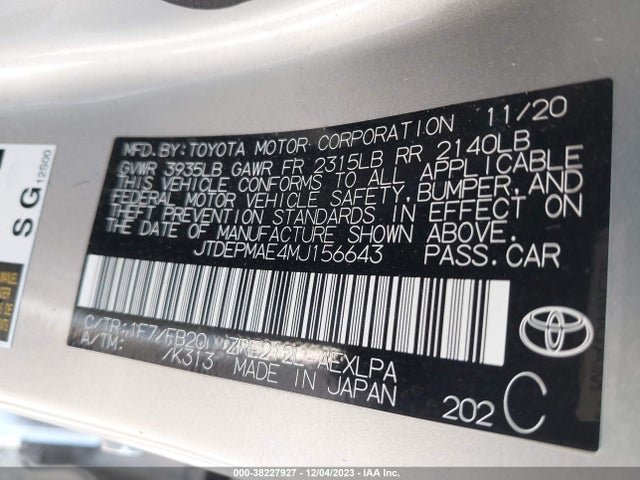 2021 TOYOTA COROLLA LE VIN: JTDEPMAE4MJ156643