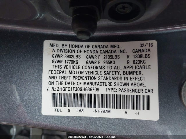 2016 HONDA CIVIC EX-T VIN: 2HGFC1F30GH636708