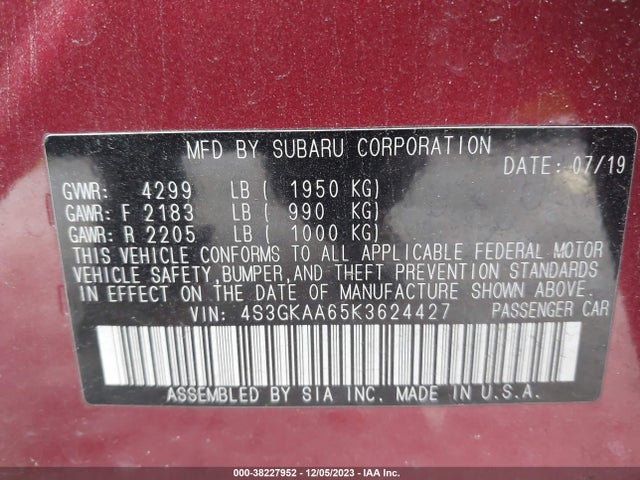 2019 SUBARU IMPREZA 2.0I VIN: 4S3GKAA65K3624427