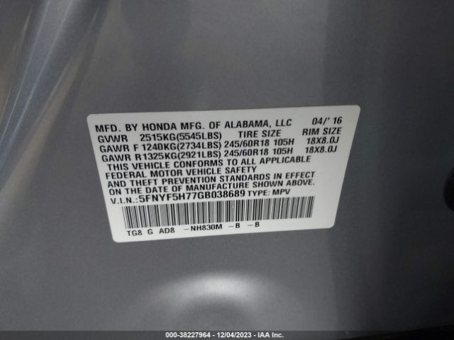 5FNYF5H77GB038689 Honda Pilot Ex-l