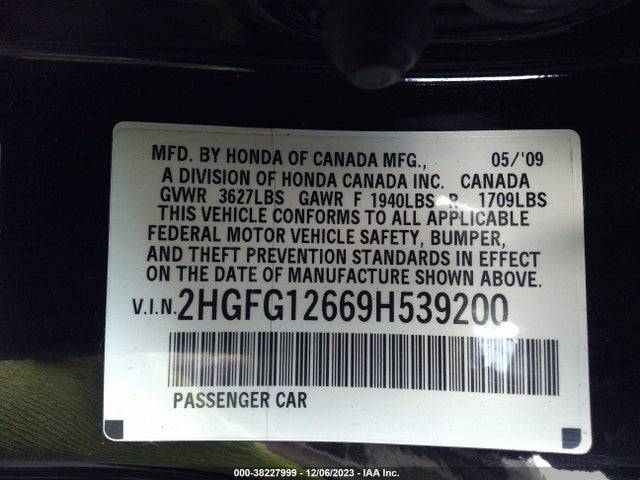 2009 HONDA CIVIC LX VIN: 2HGFG12669H539200