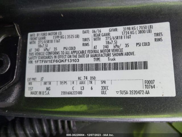 1FTFW1EF6GKF13103 Ford F-150 Xlt