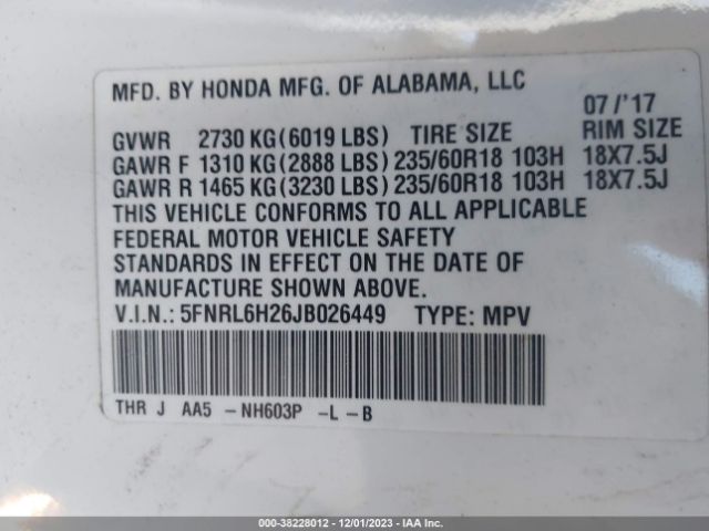 5FNRL6H26JB026449 Honda ODYSSEY LX