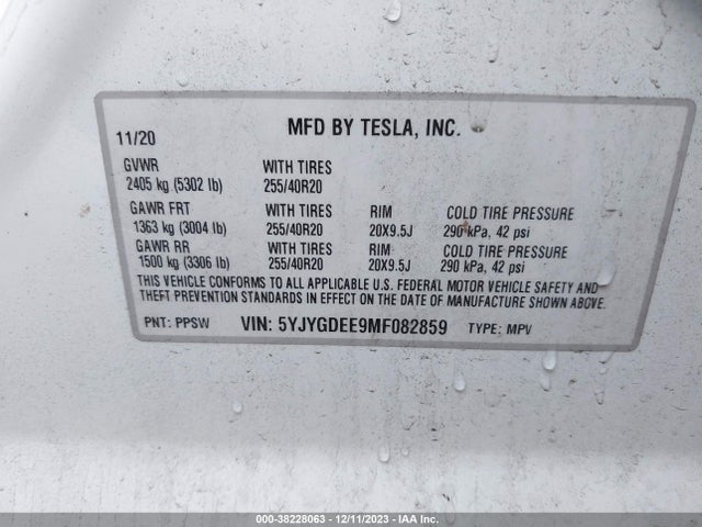 2021 TESLA MODEL Y LONG RANGE DUAL MOTOR ALL-WHEEL DRIVE VIN: 5YJYGDEE9MF082859