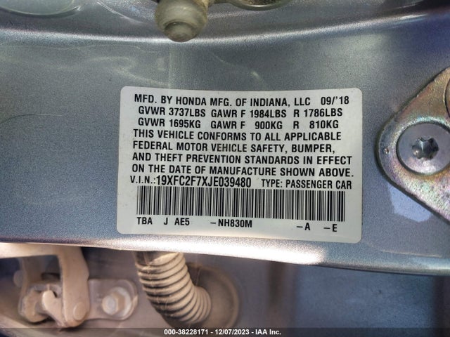 Honda CIVIC EX 2018 19XFC2F7XJE039480 Image 9
