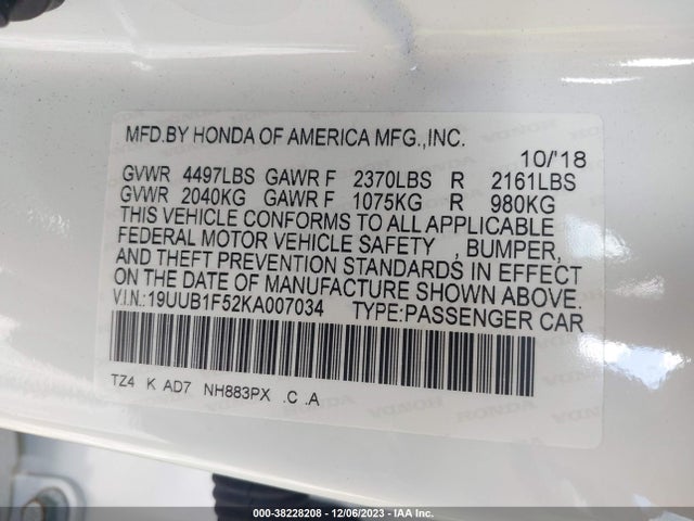 19UUB1F52KA007034 Acura Tlx Tech Pkg