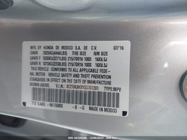 2016 HONDA CR-V LX VIN: 3CZRM3H31GG707281
