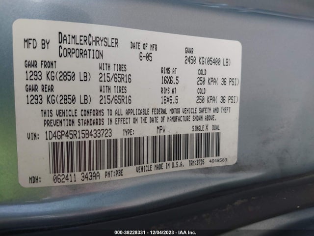 2005 DODGE CARAVAN SXT VIN: 1D4GP45R15B433723