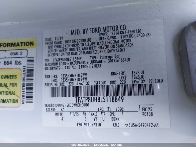 2020 FORD MUSTANG ECOBOOST PREMIUM VIN: 1FATP8UH8L5118849