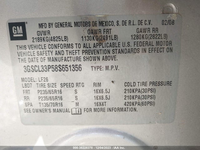 2008 SATURN VUE 4-CYL XE VIN: 3GSCL33P58S651356