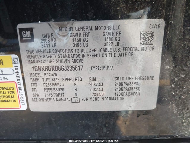 Chevrolet Traverse 1lt 2016 1GNKRGKD8GJ335817 Image 9