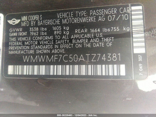 2010 MINI COOPER S WMWMF7C50ATZ74381 Photo 8