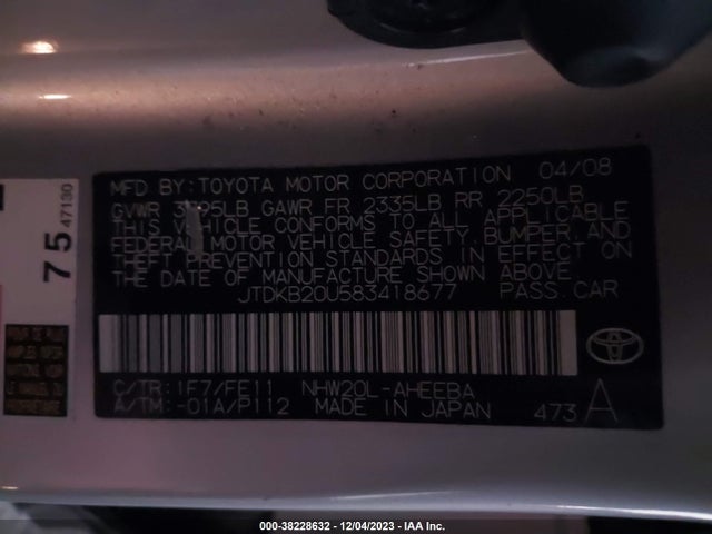2008 TOYOTA PRIUS BASE (CVT-E) VIN: JTDKB20U583418677