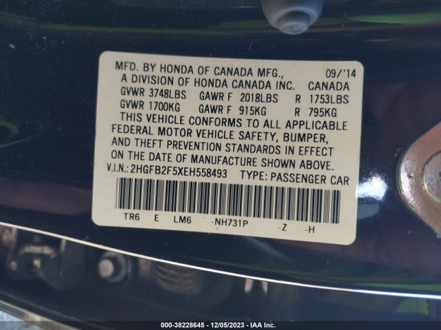Honda Civic Lx 2014 2HGFB2F5XEH558493 Image 9