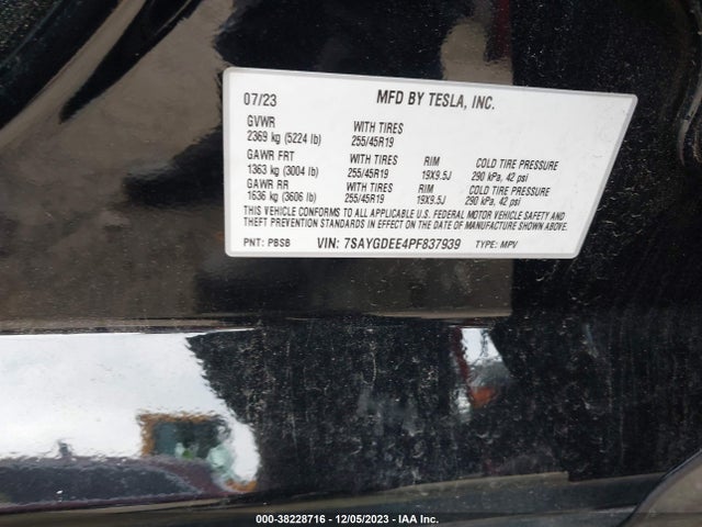 2023 TESLA MODEL Y AWD/LONG RANGE DUAL MOTOR ALL-WHEEL DRIVE VIN: 7SAYGDEE4PF837939