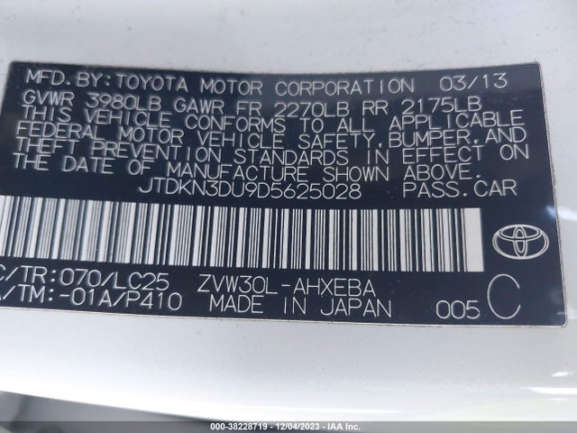 2013 Toyota Prius Three Se მანქანა იყიდება აუქციონზე, vin: JTDKN3DU9D5625028, აუქციონის ნომერი: 38228719