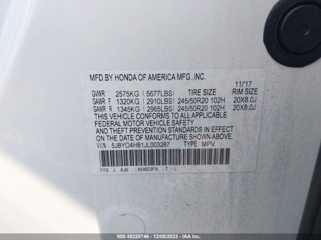 Acura Mdx W/advance Package 2018 5J8YD4H81JL003287 Image 9