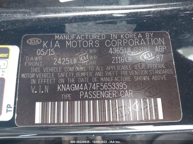 2015 KIA OPTIMA LX VIN: KNAGM4A74F5653395