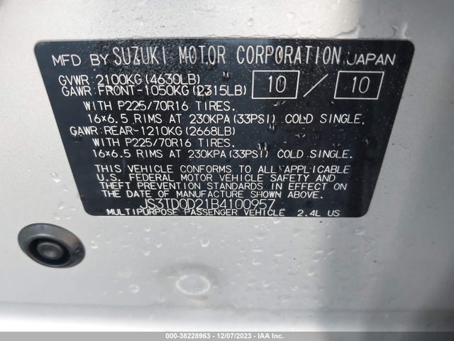 2011 SUZUKI GRAND VITARA PREMIUM/PREMIUM W/ALLOY WHEELS VIN: JS3TD0D21B4100957