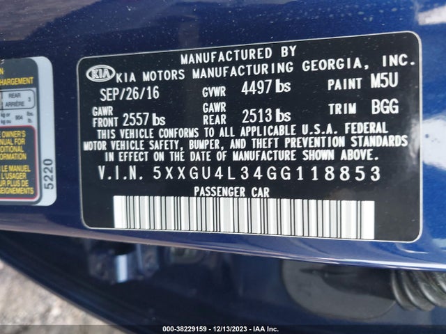 KIA OPTIMA EX 2016 5XXGU4L34GG118853 Image 9