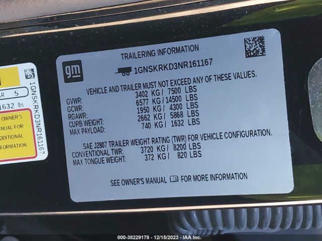 1GNSKRKD3NR161167 Chevrolet Tahoe 4wd Rst