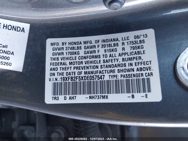2013 HONDA CIVIC LX VIN: 19XFB2F5XDE057547
