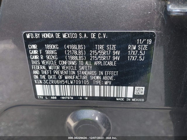 Honda Hr-v Awd Ex 2020 3CZRU6H54LM709105 Image 9