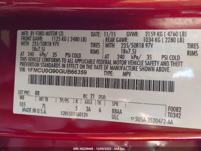 Ford ESCAPE SE 2016 1FMCU0G90GUB66359 Image 9