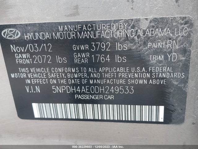 2013 HYUNDAI ELANTRA GLS VIN: 5NPDH4AE0DH249533
