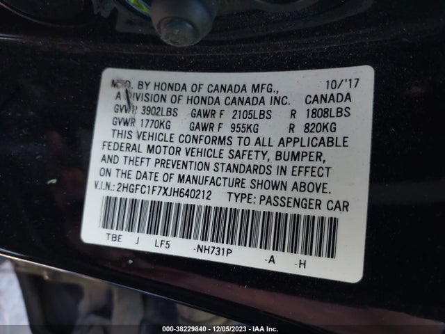 2018 HONDA CIVIC EX-L VIN: 2HGFC1F7XJH640212