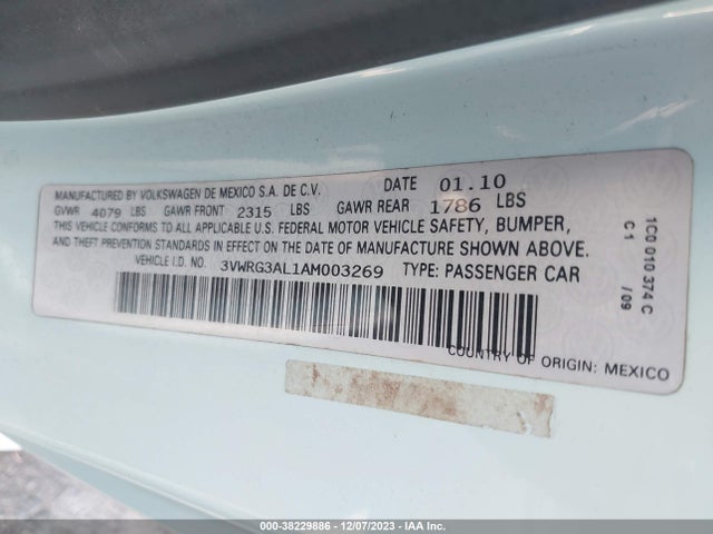 2010 VOLKSWAGEN NEW BEETLE 2.5L FINAL EDITION VIN: 3VWRG3AL1AM003269