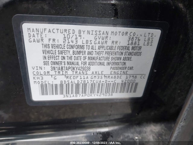 Nissan SENTRA SV 2019 3N1AB7AP0KY429038 Image 9