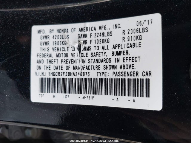 Honda ACCORD LX 2017 1HGCR2F39HA246875 Image 9