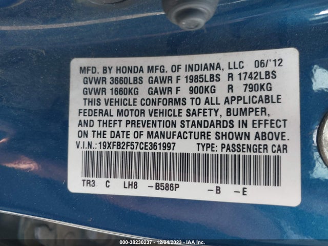 2012 HONDA CIVIC LX VIN: 19XFB2F57CE361997