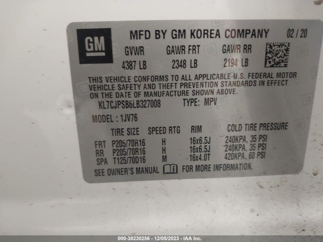 Chevrolet Trax Awd Lt 2020 KL7CJPSB6LB327008 Image 9