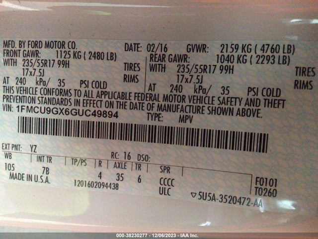 Продажа на аукционе авто 2016 Ford Escape Se, vin: 1FMCU9GX6GUC49894, номер лота: 38230277
