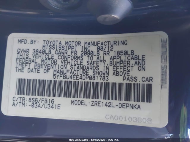 2013 TOYOTA COROLLA LE VIN: 5YFBU4EE4DP081783