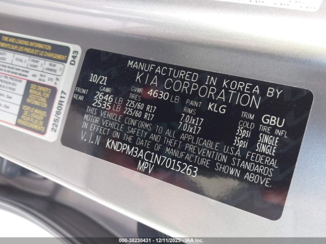 KNDPM3AC1N7015263 KIA Sportage Lx