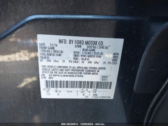 2017 FORD EDGE SEL VIN: 2FMPK3J84HBB37656