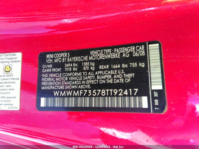2008 MINI COOPER S WMWMF73578TT92417 Photo 8