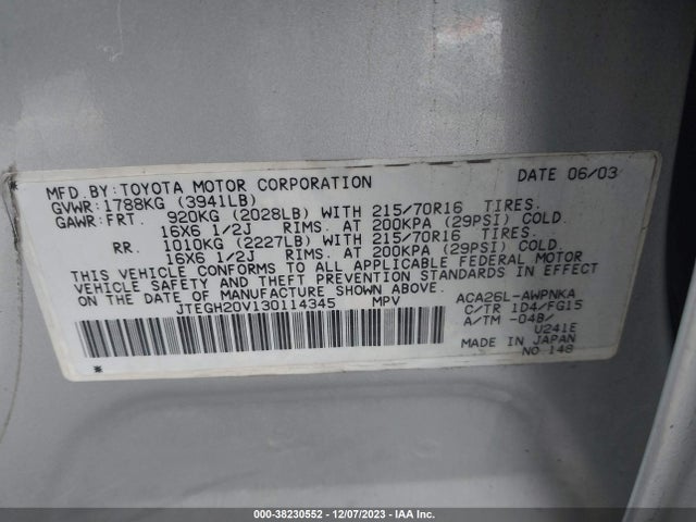 2003 TOYOTA RAV4 BASE (A4) VIN: JTEGH20V130114345