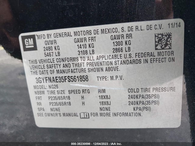 3GYFNAE35FS561858 Cadillac Srx Standard