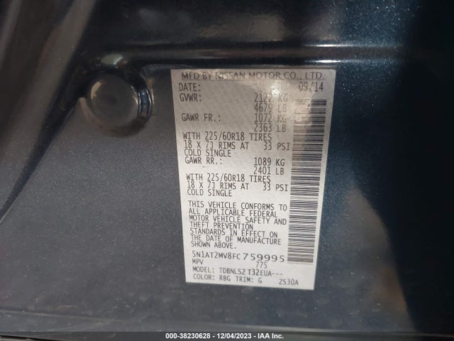 2015 NISSAN ROGUE SL VIN: 5N1AT2MV8FC759995