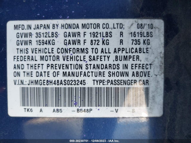 2010 HONDA FIT SPORT VIN: JHMGE8H48AS023245