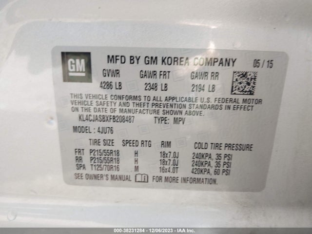 2015 BUICK ENCORE VIN: KL4CJASBXFB208487