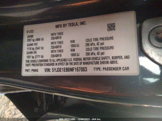 5YJ3E1EB8NF167083 Tesla Model 3 Long Range Dual Motor All-wheel Drive