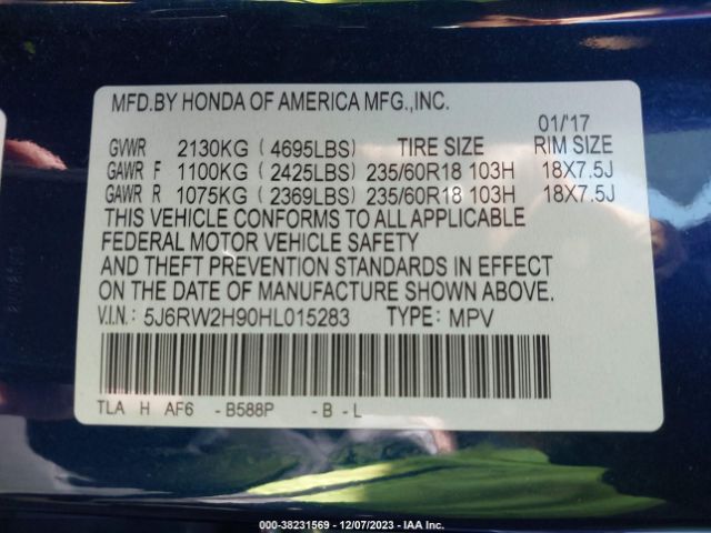 5J6RW2H90HL015283 Honda Cr-v Touring