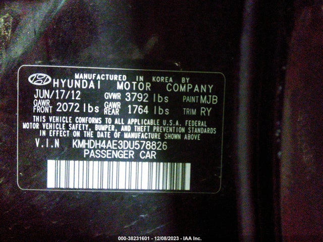 2013 HYUNDAI ELANTRA LIMITED (ULSAN PLANT) VIN: KMHDH4AE3DU578826