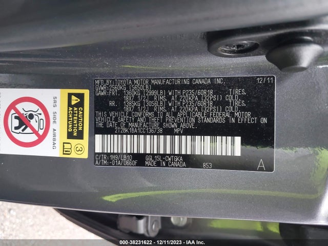 2012 LEXUS RX 350 VIN: 2T2BK1BA1CC136738