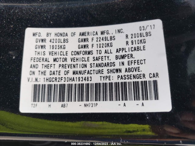 Honda ACCORD LX 2017 1HGCR2F30HA193483 Image 9